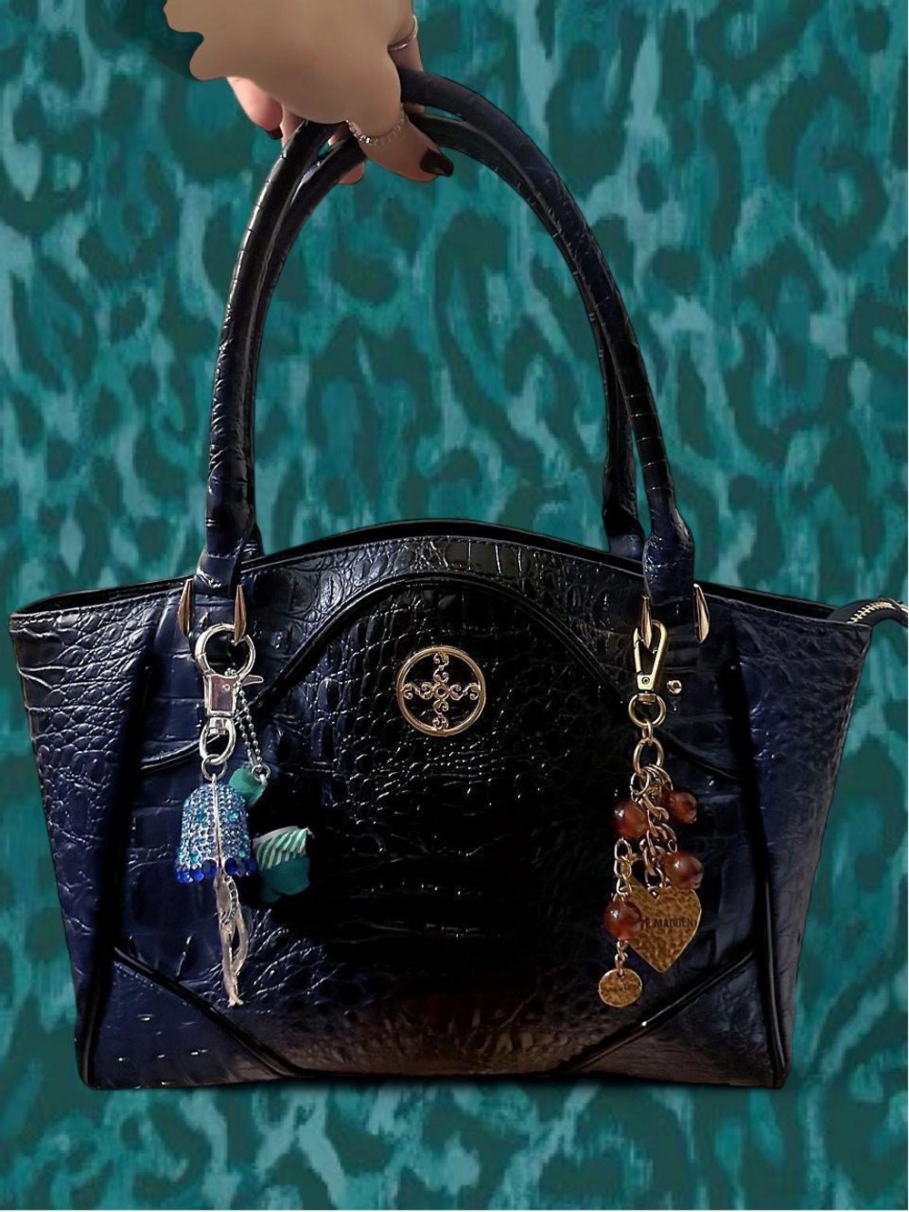 Vintage stauer navy croc embossed shoulder bag with strap
